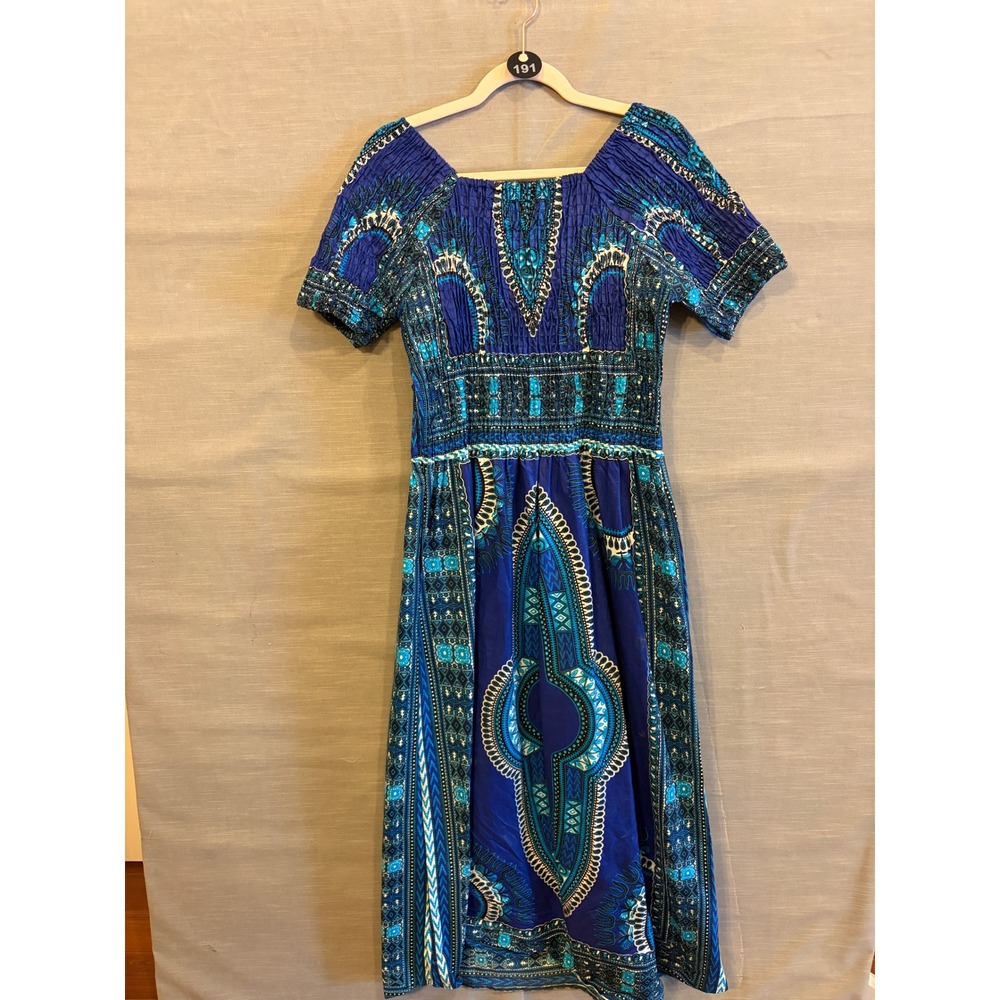 OS 191 African Stars Ghana African Print Maxi Dress Smocked Blue Ethnic Boho - Picture 3 of 8